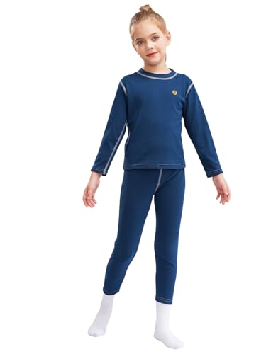 Runhomal Mädchen Innenfleece Thermounterwäsche Set mit Unterhemd + Leggings Skiunterwäsche Funktionsunterwäsche Sets für Kinder 1-14 Jahre Pfauenblau 146-152