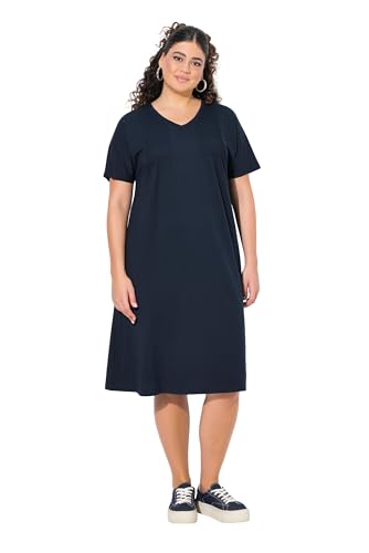 Ulla Popken Damen große Größen Übergrößen Plus Size Jerseykleid, Biesen, A-Linie, V-Ausschnitt, Halbarm Marine 62+ 840034130-62+