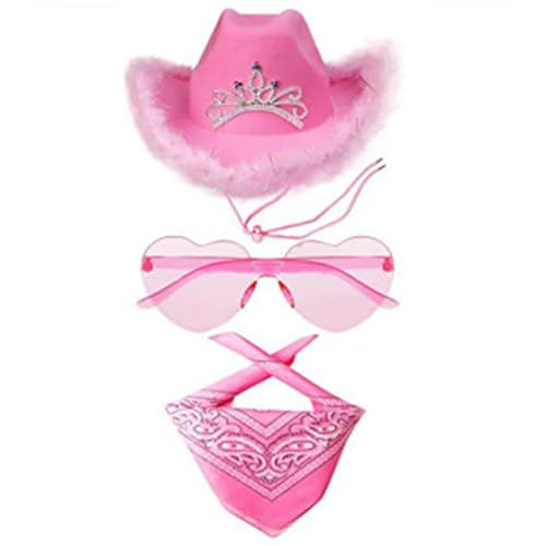 Cowboy Hut Pink Damen Herren Karneval Kostüm Kopfbeckung Faschingskostüme Filzhut, Flauschige Federkrempe Cowboyhüte mit Strass, Mütze für Herren Damen Halloween Karneval Cosplay Kostümparty