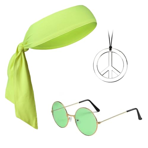 Hippie Accessoires, Hippie Brille + Peace Kette + Hippie Stirnband, Hippie Zubehör, Hippie Kostüm für 60er 70er Jahre Mottoparty Fasching Karneval Halloween A34