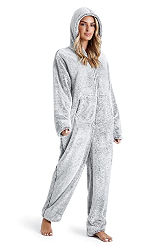 CityComfort Jumpsuit Damen Kuschelig Fleece Einteiler Schlafanzug Onesie Damen S-XL (Zweifarbiges Grau, L)