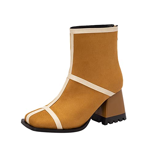 Yowablo Damenmode, einfarbig, Flock-Rückenreißverschluss, eckige Zehen, klobige High-Heel-Booties Damen Leder 40