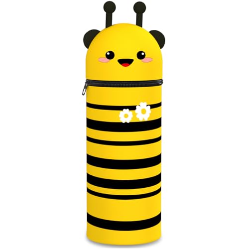 DGTSYAL 2 in 1 Weiche Silikontasche Kawaii Federmäppchen, Tischstifthalter, Reißverschluss, Stiftetasche Buntstifte Marker, Büro, Uni, niedlicher Schulbedarf, Tier-Stifthalter (Bienen)