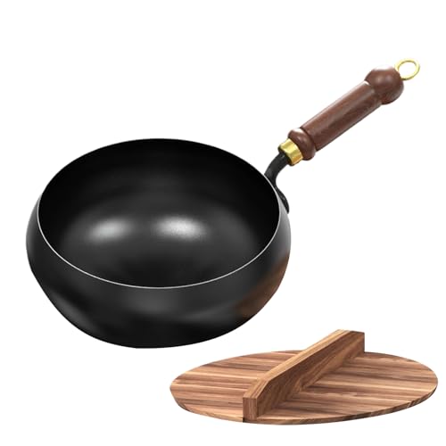 Chinesischer Handgefertigter Wok, Bratpfanne Aus Gusseisen Mit Deckel Und Holzgriff, Antihaft Pfanne, 24 Cm Durchmesser, Traditionelle Methode, Keine Beschichtung Für Gasherd Und Induktionsherd