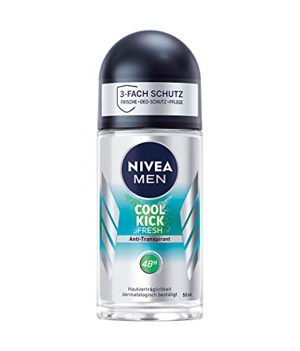 NIVEA MEN Cool Kick Fresh Deo Roll-On (50 ml), Deodorant schützt 48h gegen Schweiß und Körpergeruch, Anti-Transpirant mit Kaktuswasser und leichter Formel