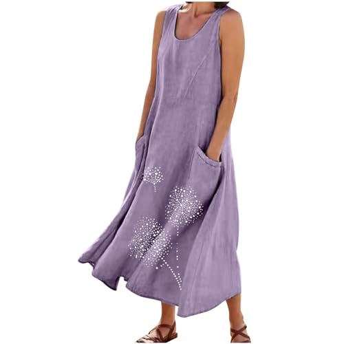 Leinenkleider Damen Leicht Freizeitkleid Ärmellose Tunika Sommerkleid Luftig Swing Strandkleider Casual Slim Fit Abendkleid Elegant Große Größe Partykleid Bequemer Sport Boho Abendkleid