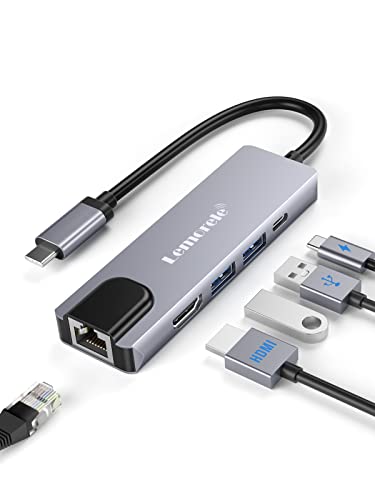 USB C Hub, Lemorele 5 in 1 USB C Hub Aluminiumgehäuse Adapter mit HDMI 4K, LAN RJ45 Ethernet, USB 3.0/USB 2.0, USB C Port PD 100W, für iPad Pro, MacBook Pro/Air M1, Switch, Windows, Chromecast, Laptop