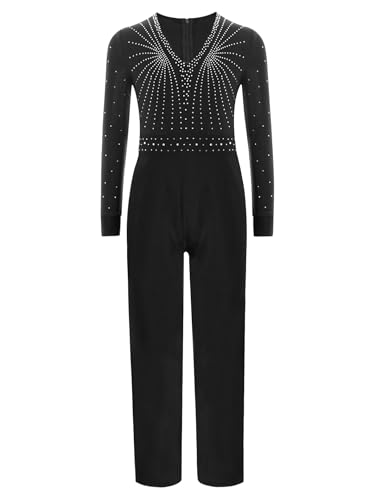 Sxiwei Jungen Eiskunstlauf Anzug Kinder Langarm Ganzkörper Trikot Sport Overall V Hals Turnenanzug Tanz Latein Jumpsuit Schwarz 134-140
