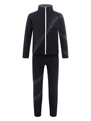 Kaerm Eiskunstlauf Kleidung Training Kinder Mädchen Langarm Sweatjacke Strass Glitzer Sportjacke Mit Gymnastikhose Lang Trainingshose Sportswear Schwarz 158-164