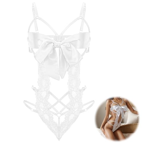 Telooco Damen Sexy Body EIN Stück Babydoll Dessous Spitze Negligee Lingerie Nachtwäsche Unterwäsche Spitze Hohl Dessous für Damen Frauen Party Outfit (Weiß)