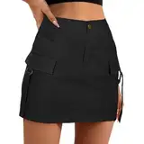 Niedriger Taillen Cargo Rock Damen Mini Mit Knopf Tasche A Linien Sexy Slim Fit Hohe Taille Röcke Skinny High Waist Frühling Sommer Lässig Minirock Mode Streetware Wickelrock Kurze (Black, M)