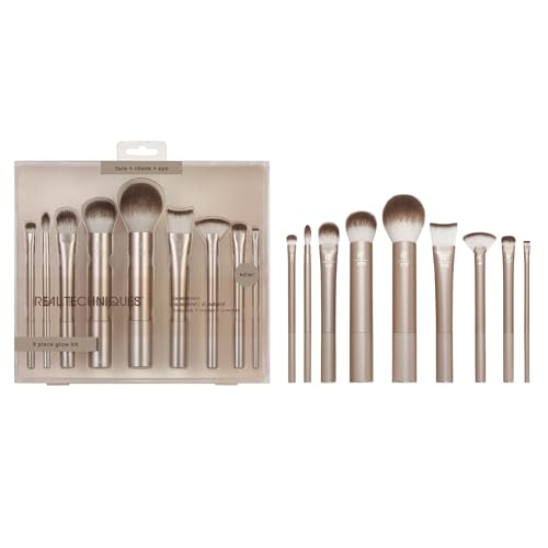 REAL TECHNIQUES Au Naturale Makeup Brush Kit, For Foundation, Powders, and Concealers, Premium Quality Face Brushes, 9 Piece Set, Gold