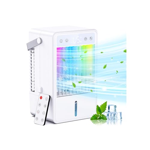 Klimaanlage Mobil, 1500ml Mobiles Klimagerät Mini Luftkühler mit Wasserkühlung, USB Verdunstungskühler mit Fernbedienung, 5 Geschwindigkeiten & 3 Modi, 10H Timer, Ideal für Zimmer/Büro