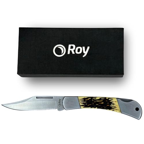 Roy Jagdmesser mit Geweihlook Griff, Hirschfänger Messer, Trachtenmesser für lederhose Klappmesser Zweihandmesser, Taschenmesser Outdoor mit Geschenkbox