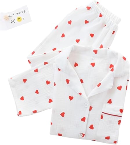 JosuE Pyjama-Set mit Herz-Print, Baumwoll-Pyjama-Set, süßes Langarm-Button-Down-Shirt mit Herz-Print und Langer Hose,Rosa,L