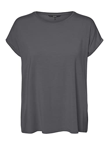 VERO Moda Damen Einfarbiges Stretch T-Shirt Basic Rundhals Top Oberteil Tief Angesetzte Schultern VMAVA, Farben:Grau, Größe:L