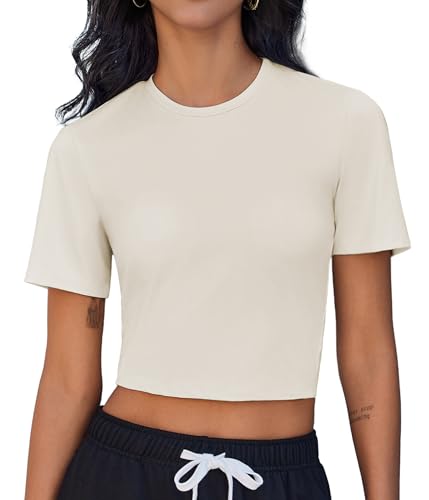 Weardear Sport T-Shirt Damen Kurzarm Crop Top Funktionsshirt Slim Fit Laufshirt Atmungsaktiv Kurzarmshirt Kurz Sportshirt Gym Yoga Workout Oberteil Sommer Beige S