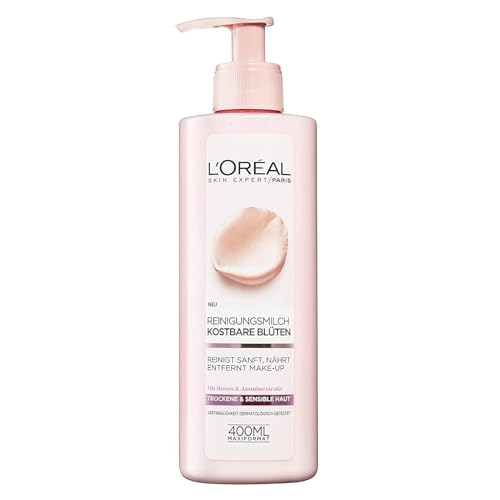 L'Oréal Paris Gesichtsreinigung, Reinigungsmilch zur Entfernung von Make-up, Mit Rosen-und Jasminextrakt, Auch für sensible Haut geeignet, Kostbare Blüten, 1 x 400 ml