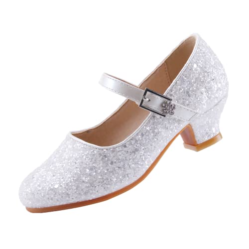 EIGHT KM Mädchen High Heel Kleid Schuhe Mary Jane Prinzessin Hochzeit Pumps Schuhe EKM7015 Sparkle Glitter Cinderella Weiß Größe EU 33