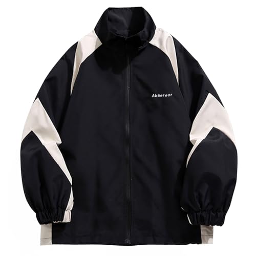 Minetom Damen Patchwork Farbblock Oversize Hip Hop Jacke Teenager Mädchen Mantel Sport Übergangsjacke Windbreaker College Jacke Sweatjacke G Schwarz M