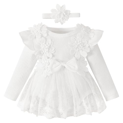 Odizli 1 Geburtstag M�dchen Outfit Langarm Strampler Kleid Blume Spitze T�llkleid+Stirnband Herbst Winter Babykleidung Neugeborene Erstausstattung Babysachen Set Baby Fotoshooting Wei� 3-6 Monate