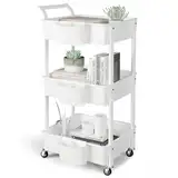 HBTower Küchenwagen 3 Etagen, Servierwagen Utility Cart mit Rollen, Wagen mit 3 Rollregal, Mehrzweckwagen für Küche Make-up Badezimmer Büro, Weiß