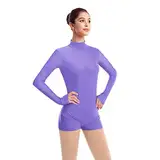 FYMNSI Damen Langarm Ballettanzug Ballettbody Sport Tanz Body Gymnastikanzug Trikot Bodysuit Einteiler Turnanzug Leotards Overall Stehkragen Einfarbig Elegant Bodies Ballett Langarmbody Lila 3XL