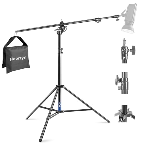 Heorryn 2-in-1 Aluminium Lichtständer 400cm/13ft, Einstellbare Fotografie Lichtstativ Lampenstativ mit Auslegerarm 1/4" Schraube für Softbox, Regenschirm, Ringlicht, Studio Monolight, Max Load 5kg