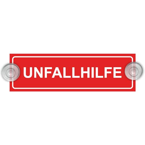 Indigos UG - Schild Unfallhilfe - 20 x 6 cm - Saugnapfschild - Aluverbund - Innenbefestigung für Ihr Auto - UV-Beständig - Einsatzschild