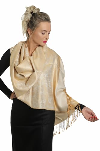 PashminaShine-Schal-Weich Wie Kaschmir Und leicht wie Seide-Mit Paisley motiv-Pashmina-Schal Damen-Schal Herren-200 * 70 cm-Schal Winter-Jaquard-Wrap-Schals und Tücher für Damen (Gelb Gold)