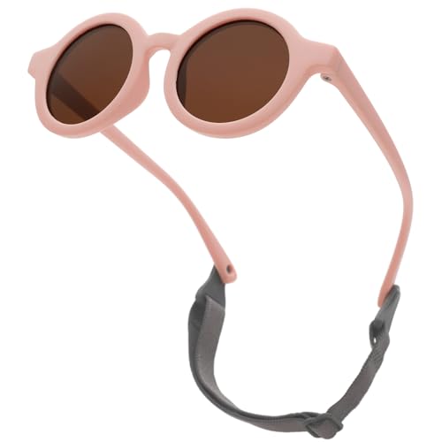 LOJUDI Baby Sonnenbrille 0-24 Monate, Polarisierte mit Riemen Verstellbar Weicher Silikonrahmen Rund Kinder UV400 Schutz Sonnenbrille Baby für 0-2 Jahre - Rosa Rahmen