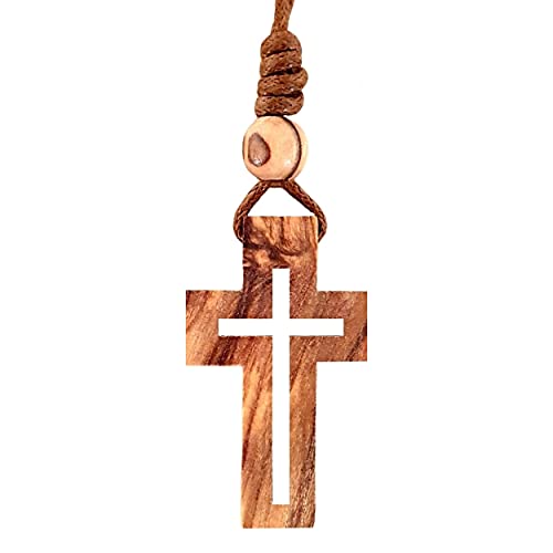 AMPALS, Braune Halskette mit Kreuz, Perlen, Olivenholz, authentisch, handgefertigt in Jerusalem, Schutz für Auto, Geschenk, Box aus Kraftpapier mit Jutekordel, Wohlbefinden, Haus, christliche Party,