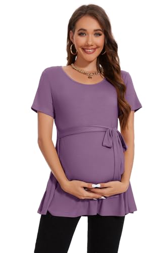 Smallshow Damen Umstandsmode Tie Front Kurzarm umstandsshirt Sommer,Misty Lilac,XXL