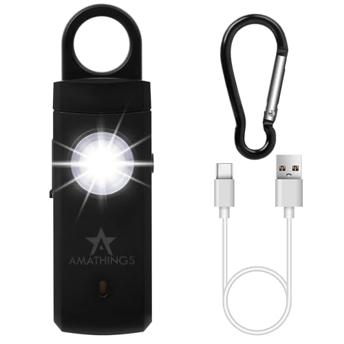 AMATHINGS USB-C Taschenalarm Schwarz 130dB - Wiederaufladbar via USB-C Persönlicher Sicherheitsalarm mit LED-Taschenlampe, Karabinerhaken, Wiederaufladbar für Frauen, Kinder, Selbstverteidigung