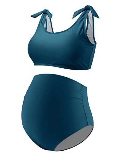 GINKANA Schwangerschafts-Bikini-Set, zweiteilig, Schwangerschafts-Badeanzug, Schultergurte, hohe Taille, Bademode, Blaugrün/EIN Hauch von Paradies (Trace of Paradise), Large