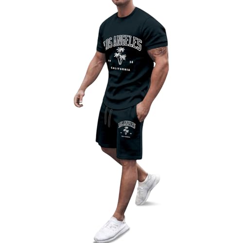 QJDFLL 2 Teiler Herren Sommer Strand Kurzarm Zweiteiler Shorts und Tshirt Set Sport Outfit Rundhals Casual Sportkleidung Jogginganzug Bequeme Aufdruck Sommerkleidung für Männer (Schwarz-B,XL)