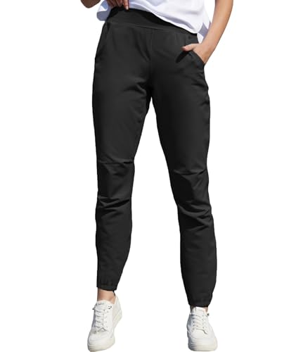 HIBETY Damen Elastische Kordelzug Taille Golf Hosen, Sonnenschutz Bequeme Lounge Hosen, Leichte Athletic Jogger Black02-L