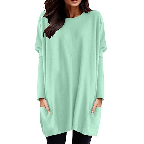 Langärmeliges Westernkleid für Damen, lockeres Kleid, Herbst, einfarbig, lässig, lustige T-Shirts mit Taschen, zum Ausgehen, niedliches T-Shirt, Rundhalsausschnitt, trendiger Rundhalsausschnitt,