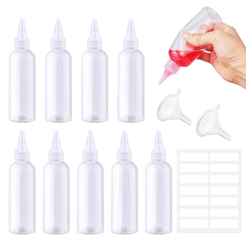 Prebarfun 10 Stück Squeeze Flasche 100ml, Leere Quetschflasche, Kunststoffflaschen zum Befüllen, Klein Saucenflasche mit Kappen, Trichtern, Etiketten für soßen, Farben und Öle usw.