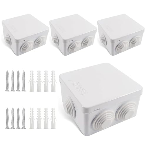 Anschlussdose Wasserdicht IP65, 4 Stück 85 x 85 x 50 mm Wasserdichte Abzweigdose, Elektrische Abzweigdose, Verteilerdose Aufputz Kunststoff, Steckerverschraubung mit Schraube für Innen & Außen, Weiß