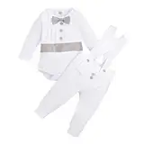 FYMNSI Baby Jungen Taufanzug Taufbekleidung Festanzug Festliche Hochzeit Gentleman Smoking Anzüge Baumwolle Jumpsuit Fliege Langarm Body Strampler Hosenträger Hose 2tlg Bekleidungset Grau 12-18 Monate