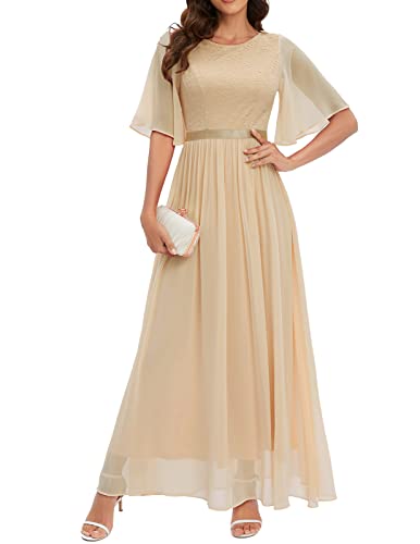 Bbonlinedress Abendkleider elegant für Hochzeit Spitzen Chiffon Ärmel Kleid festliches Brautjunferkleid Maxi Bridesmaid Dress Partykleid Abschlusskleid lang Ballkleid Champagne 3XL