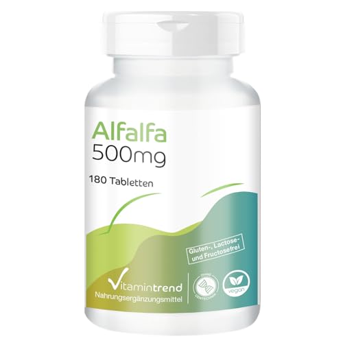 Alfalfa 500mg ! 3-MONATS-VORRAT ! mit 1500mg Alfalfa pro Tagesdosis - 180 Tabletten - hochdosiert - sichere Dosierung - vegan - bioverfügbare Supplements aus Deutschland | Vitamintrend