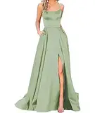 xxxiticat Damen Elegant Lange Ballkleider mit Taschen Satin A-Linie Backless Hochzeitskleid Abendkleider Sexy Neckholder Spaghetti Brautkleid Kleider Lang Prinzessin Brautjungfer Kleid (LG-S)