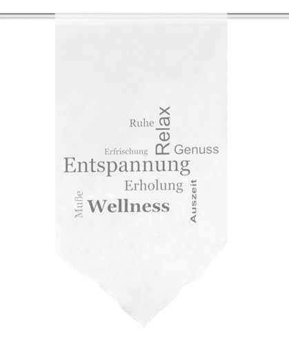 HOME WOHNIDEEN Fensterbehang AUSZEIT, Voile Digitaldruck, transparent, Dreiecksabschluss, Farbe:grau, Größe:80 x 40 cm, Anzahl:1x