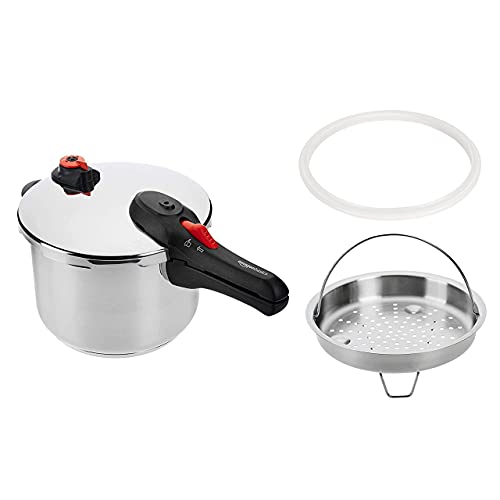 Amazon Basics Schnellkochtopf aus Edelstahl - mit Dampfgarer, induktionsgeeignet - 6 Liter, Silber