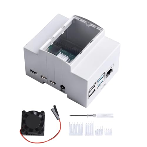 Delamiya Schutzhülle Rahmen für Raspberry Pi 4, auf DIN-Schiene Gehäuse Modulare Box Raspberry Pi 4 Case mit Lüfter Fan, Kompatible mit Raspberry Pi Kühlkörper Heatsink für Raspberry Pi 4 Modell B