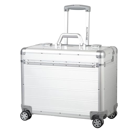 ALUMAXX 45168 Pilotenkoffer Pandora, Trolley Aluminium, Piloten Rollkoffer Alu, Businesstrolley, Aktenkoffer, Alutrolley Höhe 103 cm, Silber Matt, Aluminiumtrolley mit 4X 360° Rollen, 47 x 36 x 25 cm