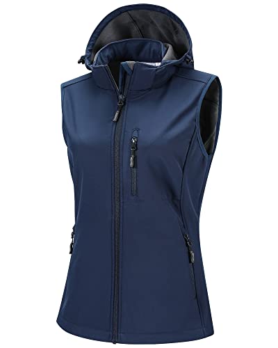 33,000ft Damen Softshell Westen mit Abnehmbare Kapuze Fleece Gefütterte Ärmellose Jacke Wasserdichte Winddichte Sportwesten Vest mit 5 Taschen für Reiten Laufen Wandern Blau XXL