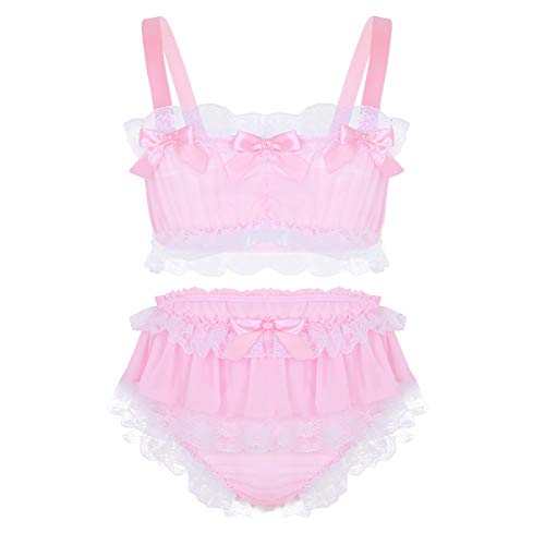 TiaoBug Herren Zweiteiliger Satin Schlafanzug kurz Sissy Pyjama Set Tank Tops Oberteil Spitzen Höschen Slips Männer Erotik Dessous Cosplay Kleidung Rosa B L